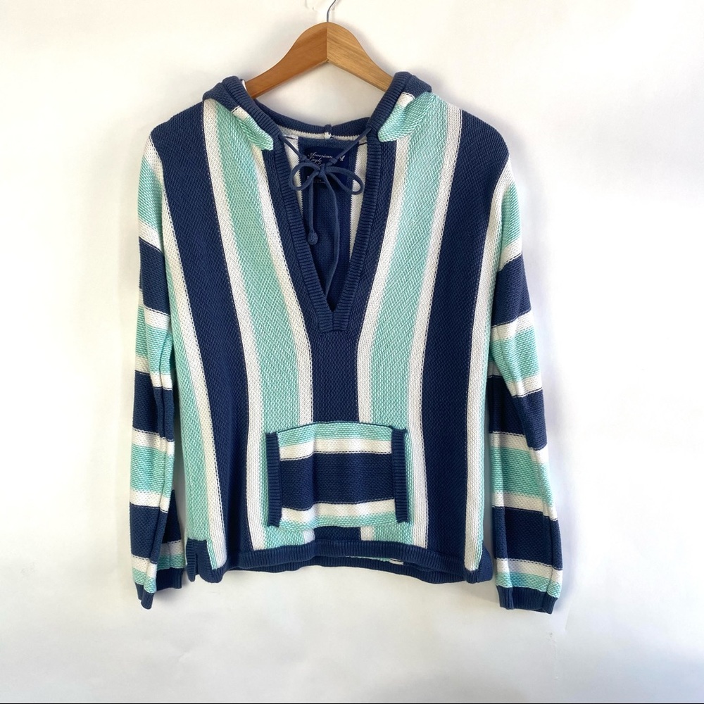 AE Blue White Striped V-neck Summer Beach Knitted Kangaroo Pouch Hoodie